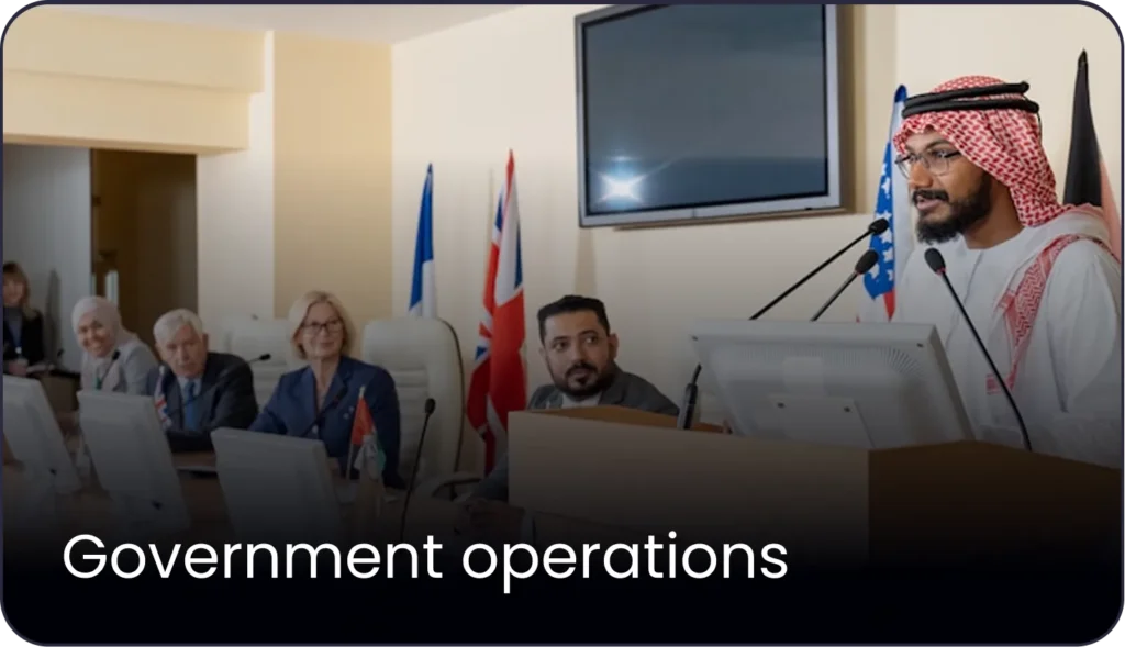 Middle Eastern government officials in traditional clothes having a press conference and political meeting