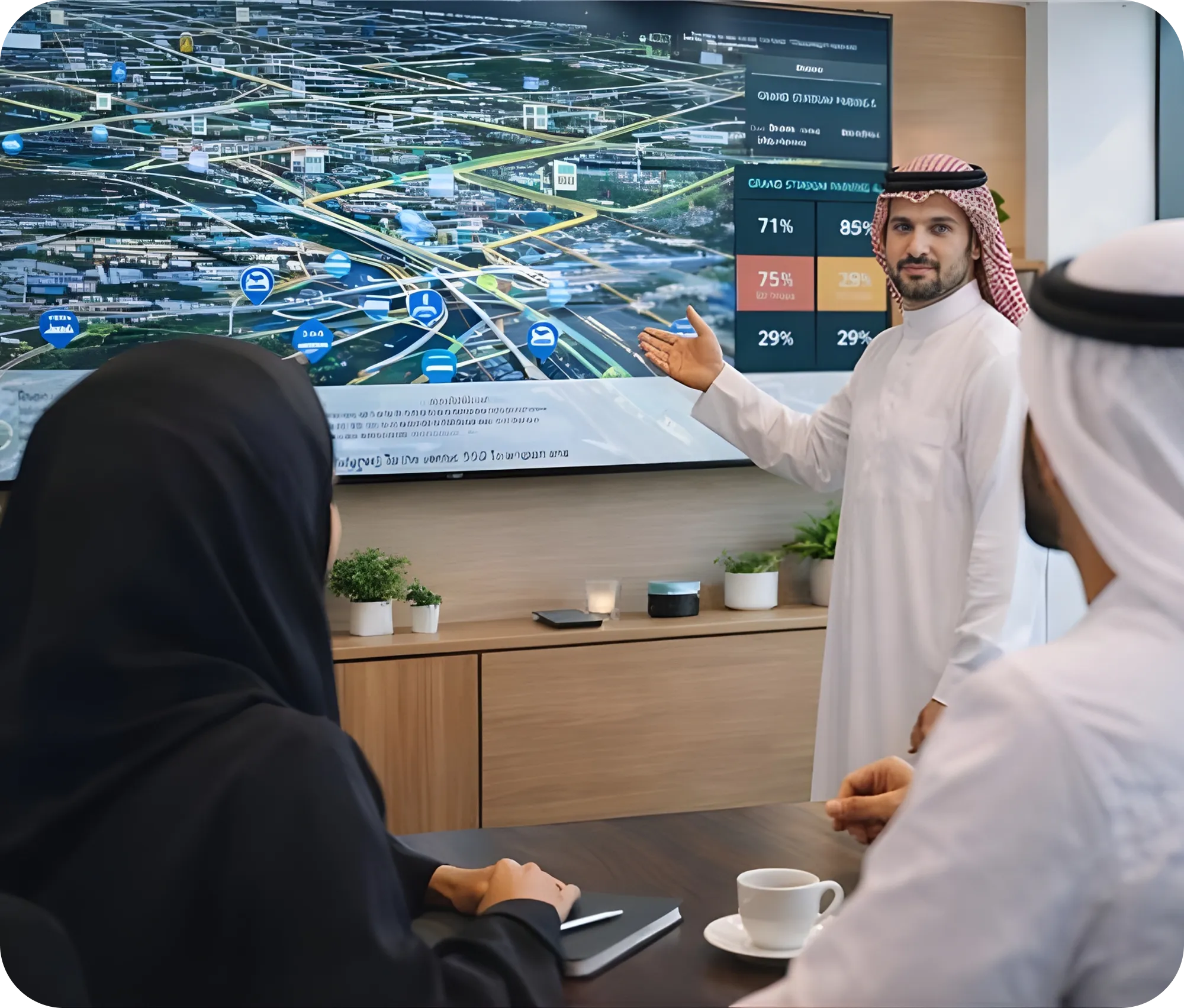 TraffiQ event transport solution staff using a smart traffic management system display in a Saudi office