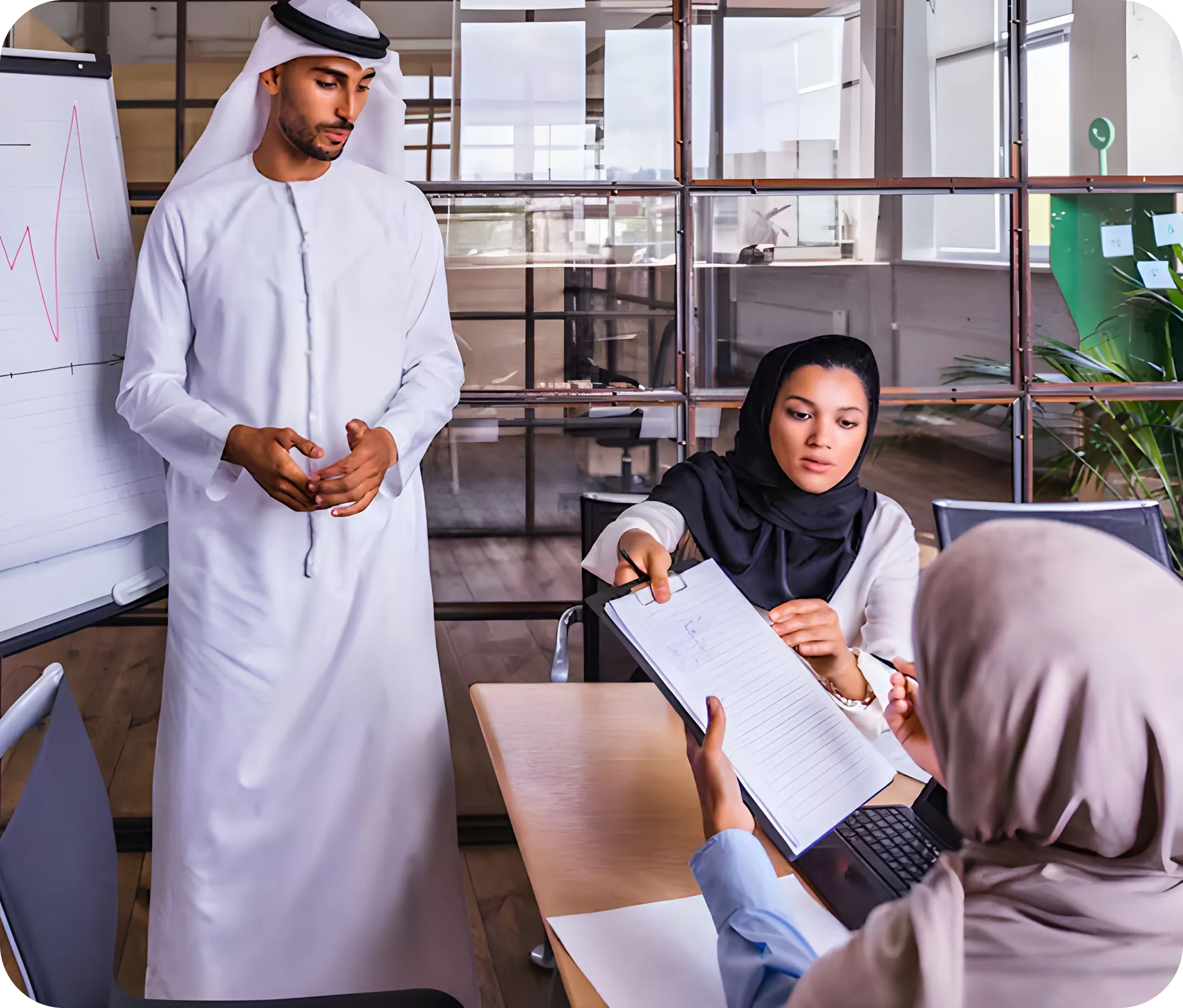 TraffiQ event transport team in Saudi office having a business meeting and reviewing documents