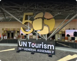 Large outdoor event signage for the UN Tourism 26th General Assembly in Riyadh Saudi Arabia managed by TraffiQ.