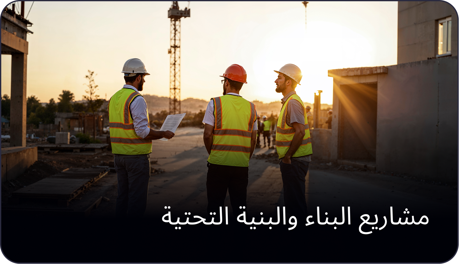 TraffiQ Parking startegists in hard hats and safety vests discussing plans at a Middle East project site